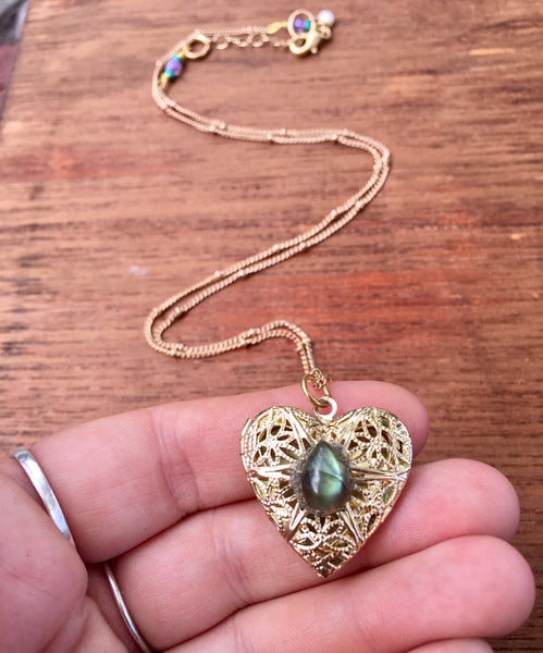 Crystal Keeper Heart Shaped Locket Necklace (in Labradorite)